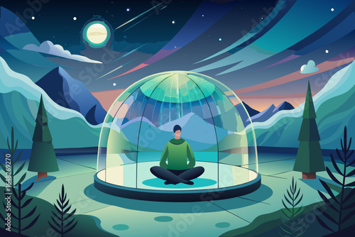 Person meditating peacefully under starry night sky inside protective geodesic dome amidst serene landscape