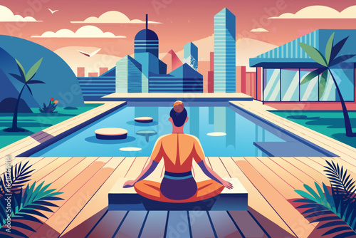 Serene woman meditates by tranquil pool overlooking modern city skyline at sunset