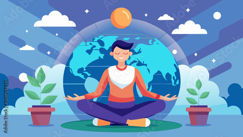 Man meditating peacefully with Earth and sun overhead, promoting global well-being and environmental harmony.