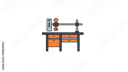 Industrial Lathe Machine on Workbench Flat Icon. Workshop equipment for manufacturing, woodworking, and metalworking.