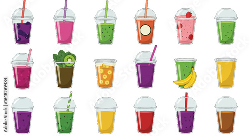 Assorted fruit and vegetable smoothies in plastic cups with straws