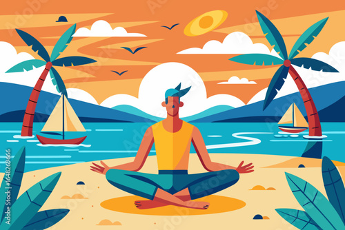 Man meditating peacefully on beach at sunset with sailboats and palm trees, serene coastal escape