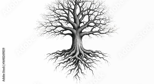 Black and white drawing of a bare tree with visible roots