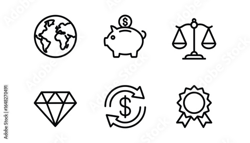 Finance and business icon set vector illustration, including globe, piggy bank, scales, diamond, dollar exchange, and award ribbon symbols..