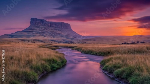 Majestic tabletop mountain reflecting in the flowing river at colorful sunset with scenic landscape.