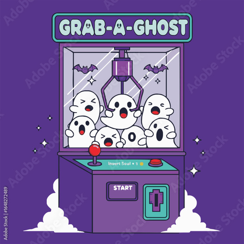 Cartoon claw machine filled with adorable ghost characters, ready to be grabbed for fun.