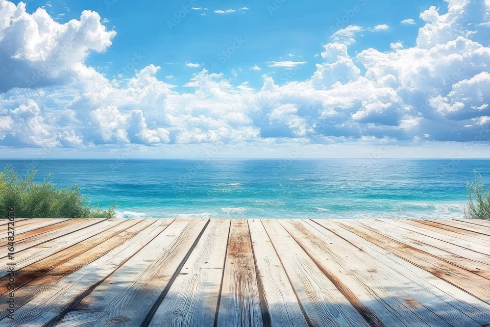 Fototapeta premium sunny coastal scene with clear blue sky, fluffy clouds, calm ocean waves, and a wooden deck overlooking the sea with greenery on the sides