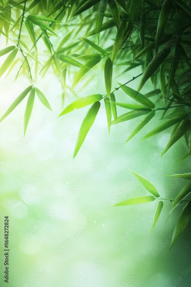 Naklejka premium Bright green bamboo leaves gently hanging with soft sunlight filtering through a serene natural background