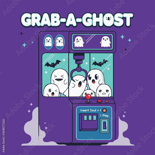 Cute cartoon ghosts in a purple claw machine game, Halloween themed.