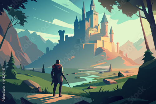 knight staring at castle landscape