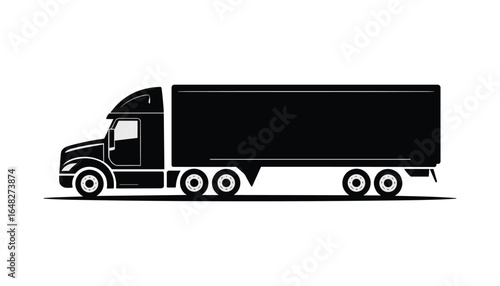 Black Silhouette of a Freight Semi Truck for Transportation, Logistics, Shipping, Delivery, Cargo Transport, Freight Industry, and Commercial Trucking.