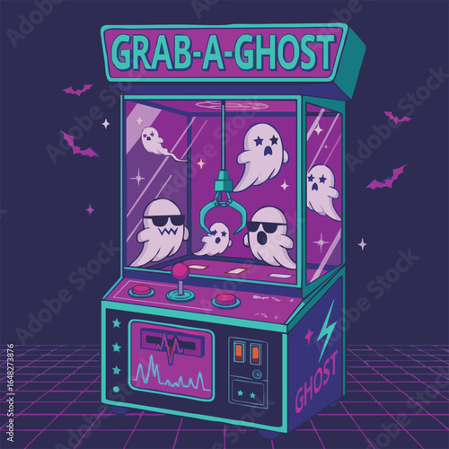 A retro arcade claw machine filled with playful ghosts, featuring a neon "Grab-a-Ghost" sign and a dangling claw ready to capture a spectral prize.