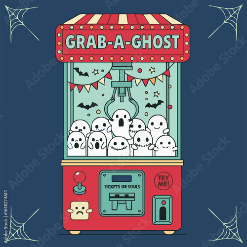 A whimsical illustration of a claw machine filled with adorable, cartoon-like ghosts, ready to be grabbed.