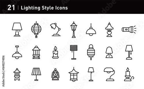 This lighting icon set showcases styles like floor lamps, desk lamps, Japanese lanterns, flashlights, and night lights. Ideal for interior and design, with scalable vectors.