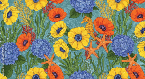 Colorful floral pattern with sea creatures