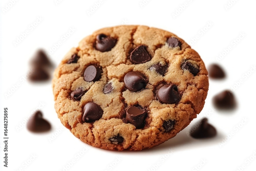 close-up of a freshly baked chocolate chip cookie surrounded by scattered chocolate chips on white background close-up of a freshly baked chocolate chip cookie surrounded by scattered chocolate chips on white background