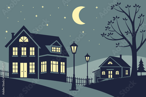 Cozy village street scene unfolds under a starry night sky with a crescent moon illuminating charming houses and warm glowing windows, creating a serene and inviting atmosphere.