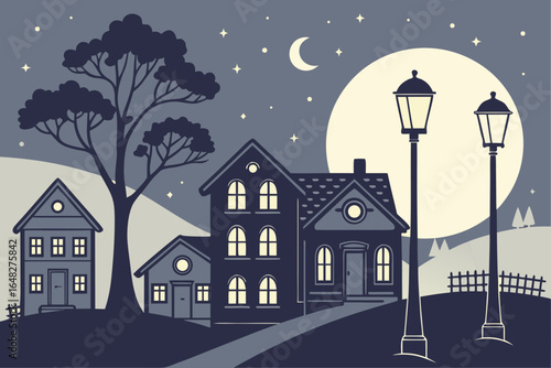 Enchanting night scene with charming houses, a large moon, starry sky, and illuminated streetlights creating a cozy, nostalgic atmosphere.