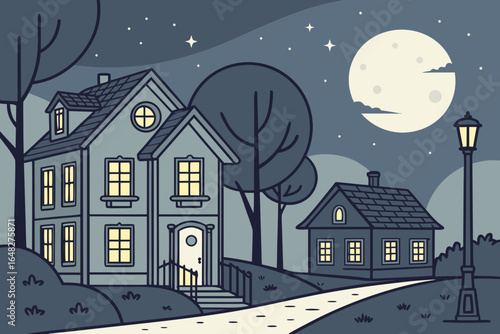 Charming suburban homes glowing warmly under a vast starry night sky with a luminous full moon illuminating the peaceful streetscape