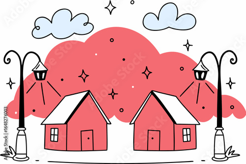 Whimsical hand-drawn houses with glowing streetlights and fluffy clouds create a charming, dreamy nighttime scene perfect for children's stories and creative projects.