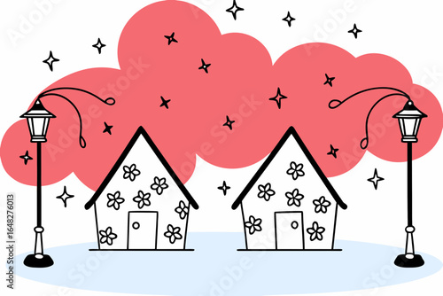 Charming doodle houses with floral designs stand under whimsical starry skies and decorative streetlights creating a magical, whimsical scene perfect for children's books or playful branding.