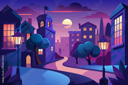 Serene twilight cityscape with glowing streetlights and moonlit sky evokes calm and wonder, perfect for atmospheric backdrops and creative projects.