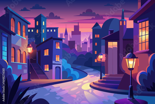 Enchanting cityscape glows with warm streetlights under a vibrant twilight sky, evoking a sense of wonder and urban tranquility.
