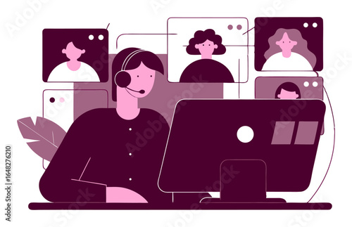 A stylized illustration shows a person with a headset on a video conference, with floating windows of other participants. The palette is limited to shades of purple and pink.