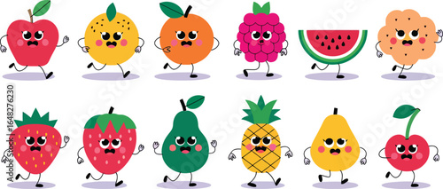 Cute cartoon fruits with arms and legs colorful happy fruit characters vector illustration set
