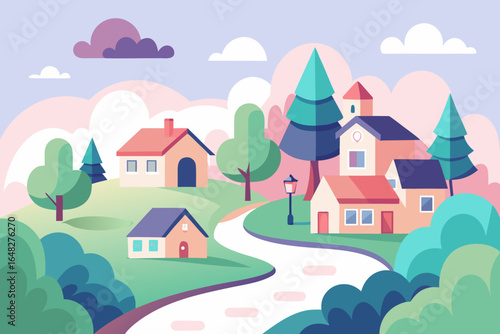 Charming village scene with cozy homes nestled amongst rolling hills and lush greenery, evoking peaceful rural living and idyllic suburban dreams with a touch of whimsical artistry.