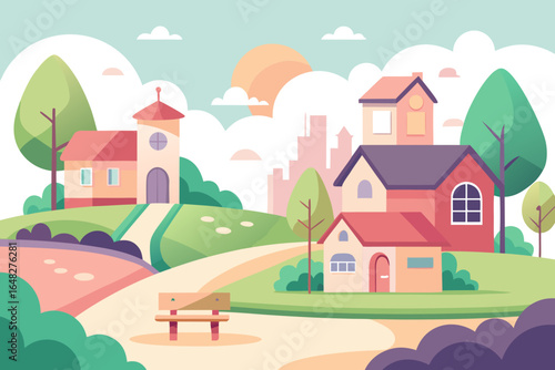 Charming village scene unfolds with quaint houses, lush green hills, and a distant city skyline under a warm, sunny sky, evoking peaceful suburban life and community.
