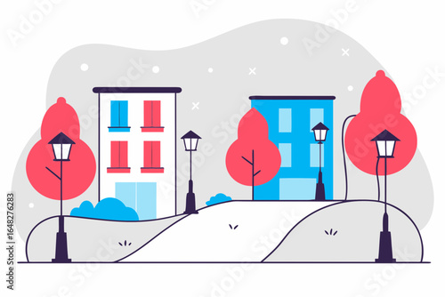 Charming urban park scene with stylized buildings, vibrant trees, and vintage lampposts creating a welcoming, modern aesthetic for city life concepts.
