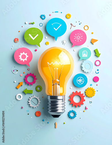 A bright yellow lightbulb is surrounded by colorful gears, speech bubbles with icons, and arrows on a light blue background, symbolizing innovation and ideas.