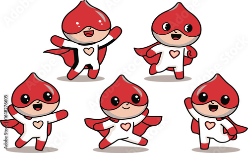 Blood drop superhero cartoon vector characters in various poses with cape and mask for health donation design
