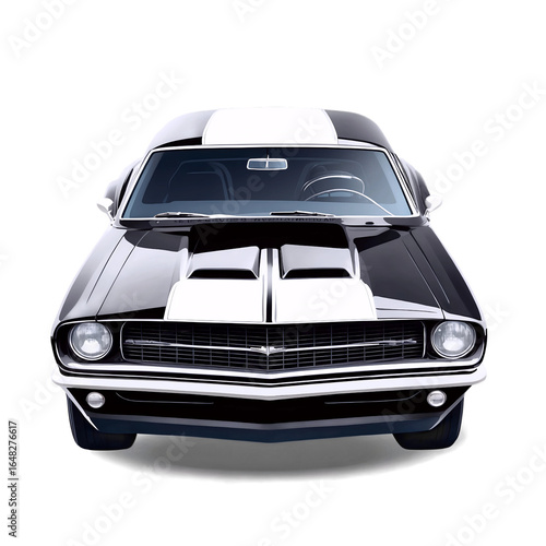 Front view of a classic black muscle car with white racing stripes on a white background.
