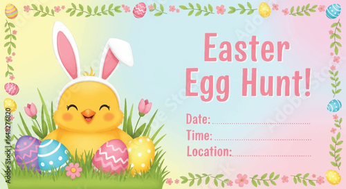 Cute chick with Easter bunny ears and eggs for an egg hunt