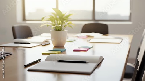 Wallpaper Mural A slow pan across a modern sunlit conference room table prepared for a business meeting with notebooks pens and a central plant Torontodigital.ca