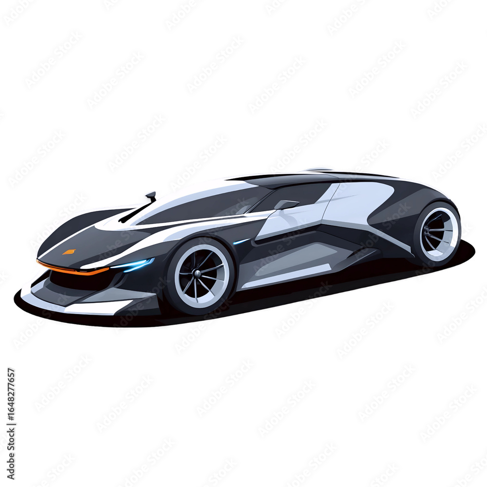 Fototapeta premium A sleek, futuristic concept sports car with a black, white, and grey paint scheme and glowing blue headlights.
