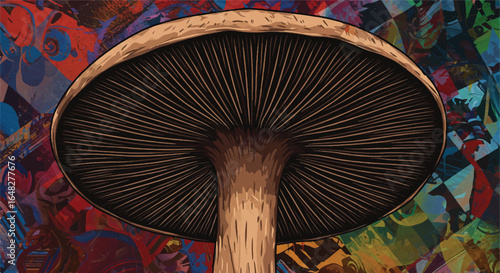 Detailed mushroom cap against abstract backdrop