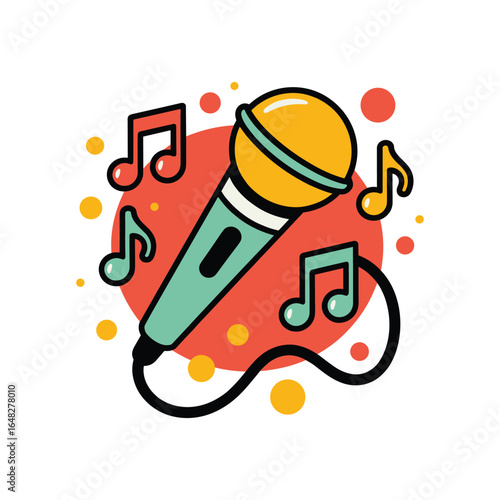 Colorful Microphone with Music Notes Vector Illustration Representing Singing, Karaoke, Music Performance, Entertainment, Audio, Fun, Talent Show, and Concert.