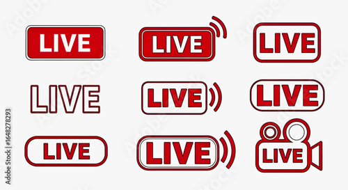 Diverse Live Streaming Badges and Icons for Broadcasting and Real-Time Communication.