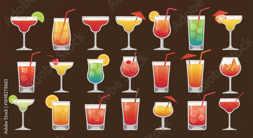 Eighteen colorful cocktail drinks with various garnishes on brown