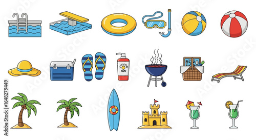 Vector Icons Set of Colorful Summer Vacation Icon Set Flat Line Illustrations for Beach and Pool Fun. Vector Illustrations. EPS Editable