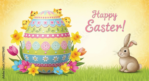 Festive Easter greeting card featuring a decorated egg, chicks, flowers, and a bunny