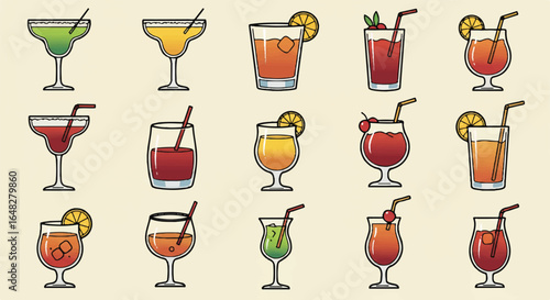 Fifteen colorful cocktail illustrations with various garnishes and glass types