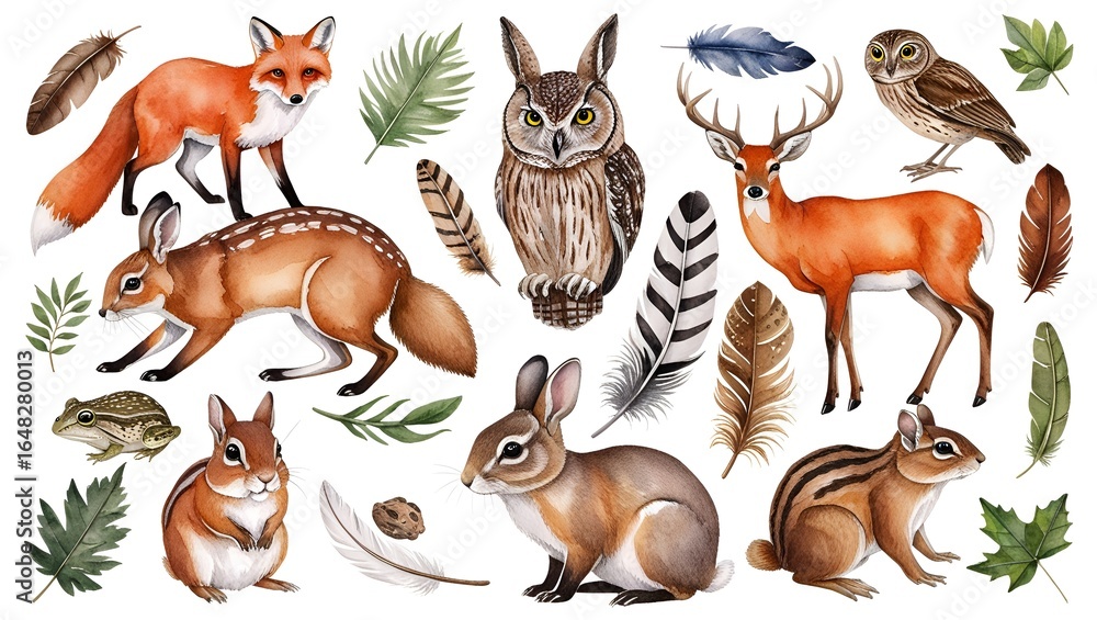 Obraz premium Watercolor illustration set of forest wild animals, including fox, badger, rabbit, deer, chipmunk, bunny, owl, bird, and toad, along with feathers and leaves, realistic woodland elements on a white ba