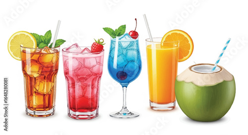 Five refreshing drinks with ice, fruit, and mint