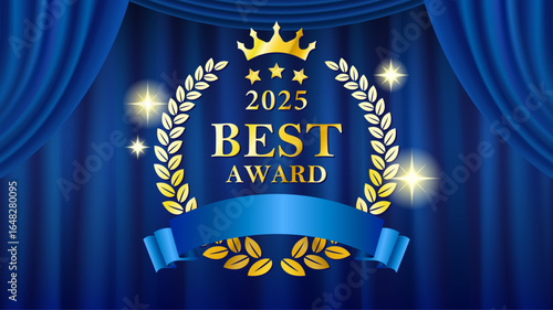 2025 Best Award Gold Laurel Wreath with Blue Curtain Background Vector