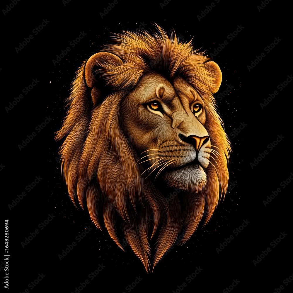 Fototapeta premium Majestic close-up of a lion's head with a detailed golden mane and expressive eyes on a black background, evoking strength and nobility