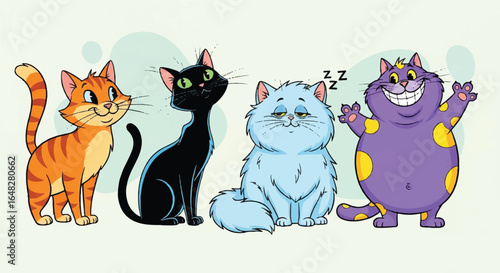 Four colorful cartoon cats with varying expressions stand against a pale green backdrop